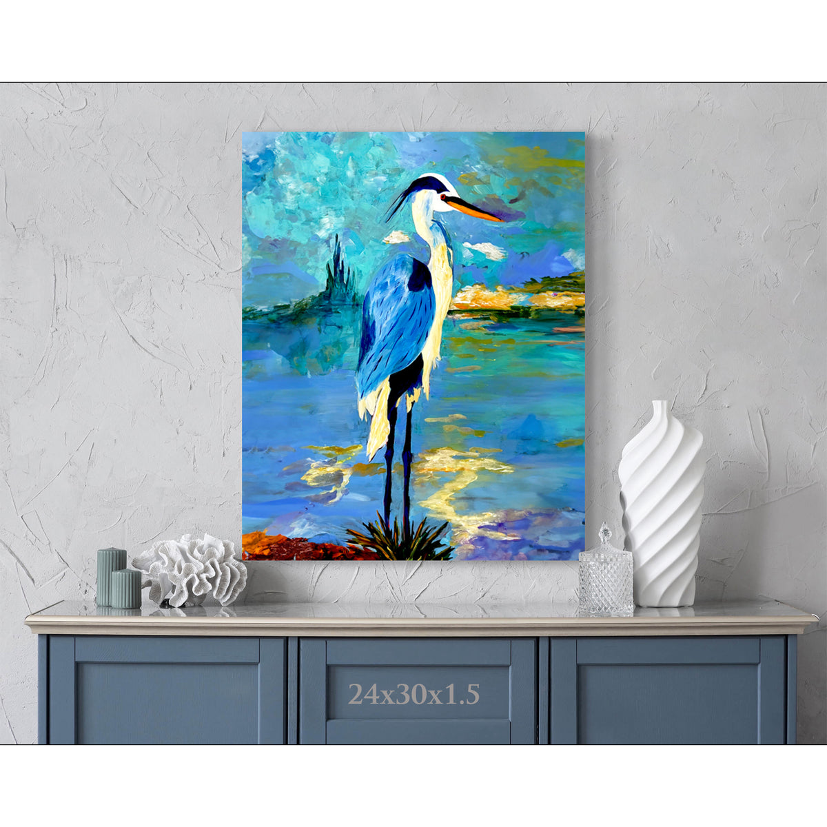 Impression sur toile giclée - HÉRON BLEU - Reproduction sur toile montée sur châssis représentant la pose réfléchie du héron bleu