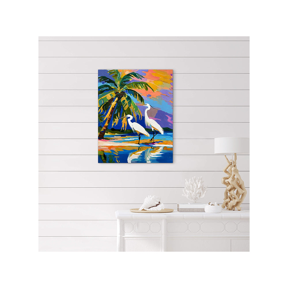 Impression sur toile Giclée - AIGRETTE - Reproduction sur toile montée sur châssis - Aigrette et palmiers 042024