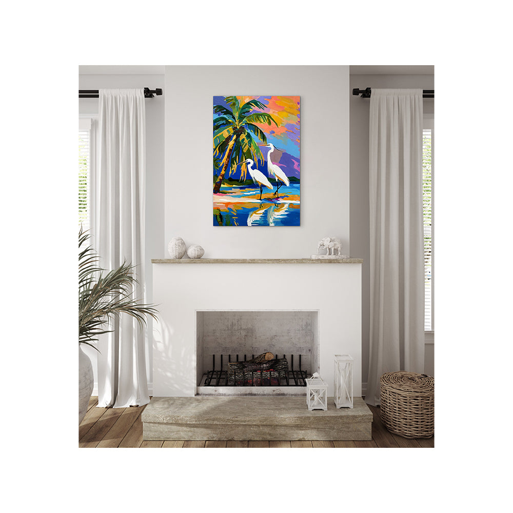 Impression sur toile Giclée - AIGRETTE - Reproduction sur toile montée sur châssis - Aigrette et palmiers 042024