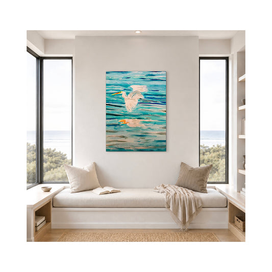 Giclee Canvas Print - EGRET - Egret (Flying Left) Gallery Wrapped Canvas Reproduction