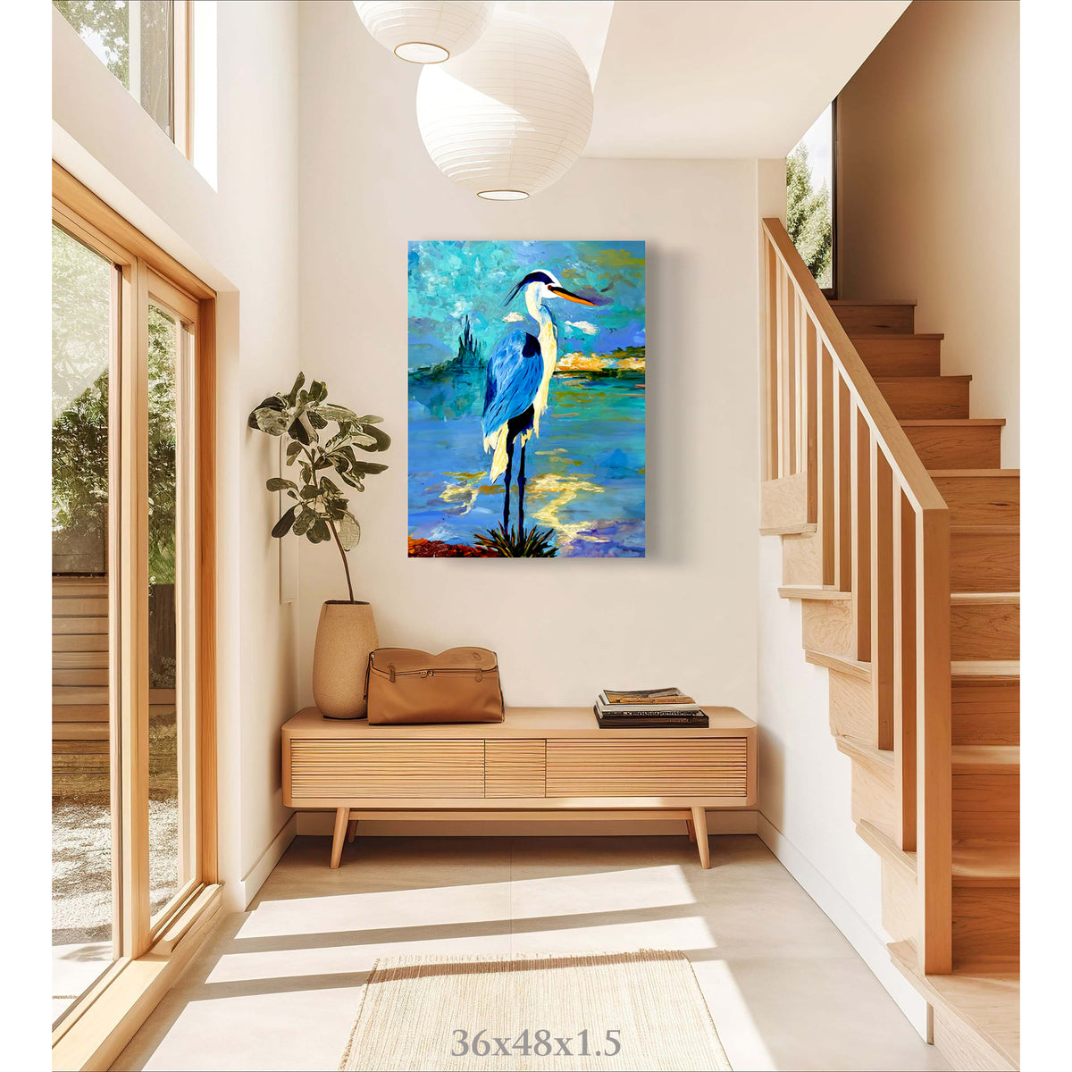 Impression sur toile giclée - HÉRON BLEU - Reproduction sur toile montée sur châssis représentant la pose réfléchie du héron bleu