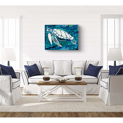 Impression sur toile Giclée - TORTUE DE MER - Reproduction sur toile montée sur châssis de tortue de mer mosaïque blanche