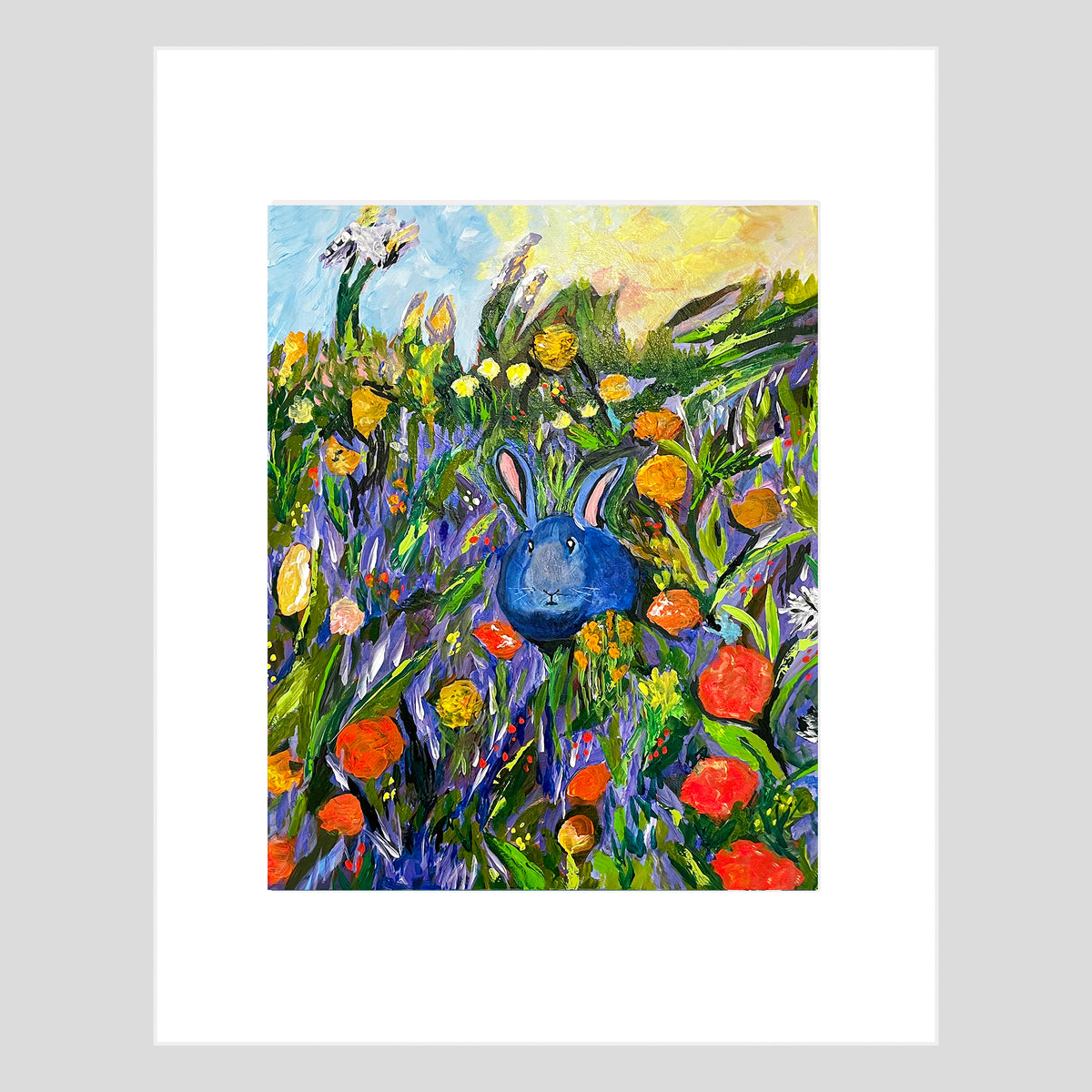 Tirage d'art - ANIMAUX DE LA FERME - LAPINS - Reproduction d'art encadrée 11x14 : Le pré de fleurs sauvages du lapin bleu