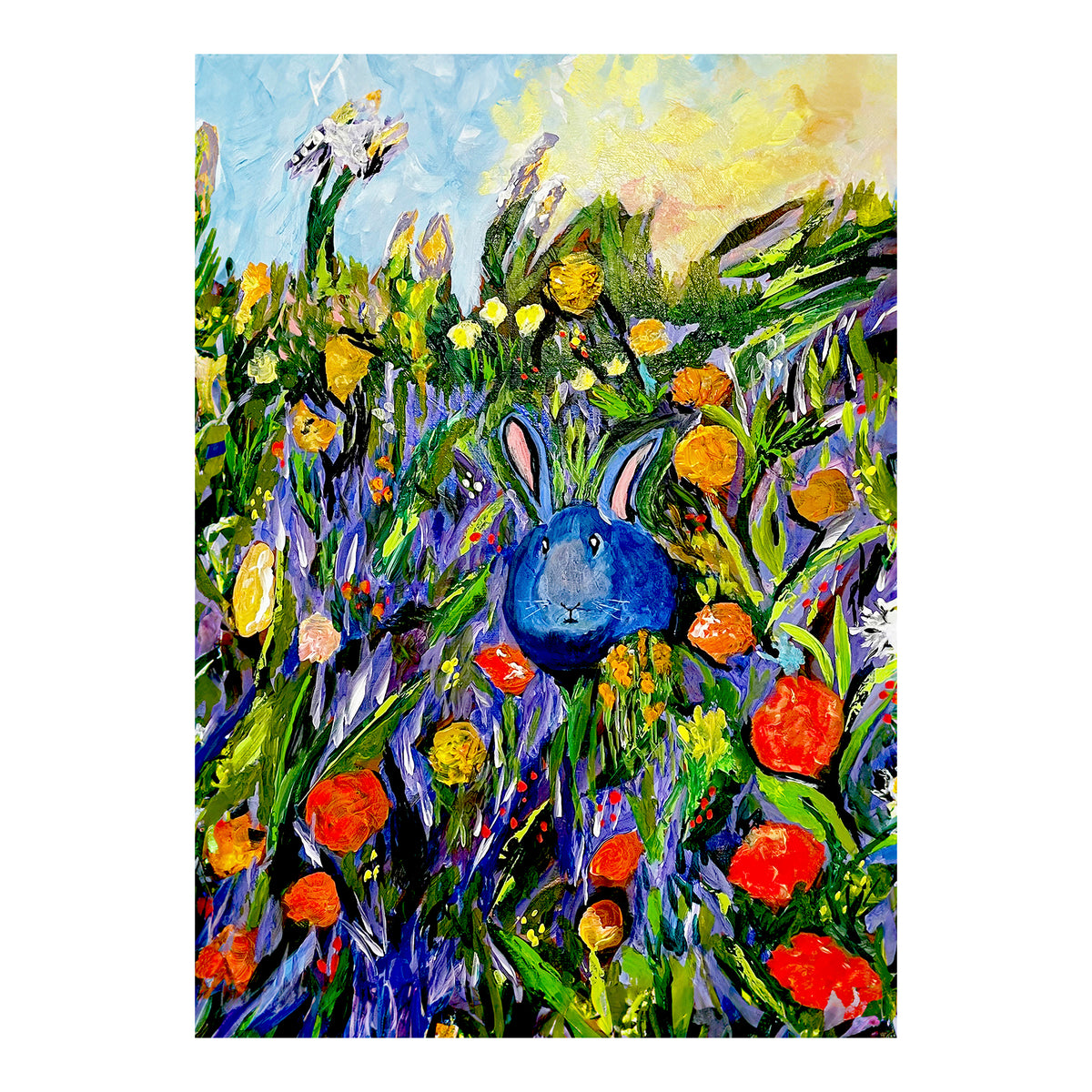 Carte de vœux - ANIMAUX DE LA FERME - LAPINS - Carte de vœux 5x7 sur papier glacé « Prairie de fleurs sauvages du lapin bleu » avec enveloppe