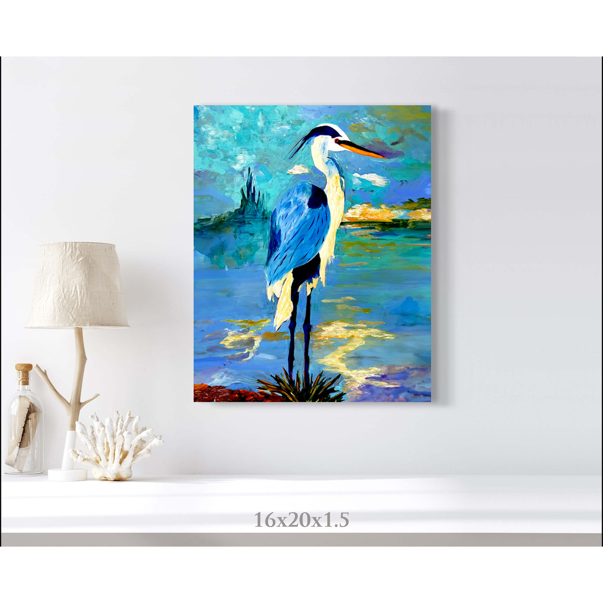 Impression sur toile giclée - HÉRON BLEU - Reproduction sur toile montée sur châssis représentant la pose réfléchie du héron bleu