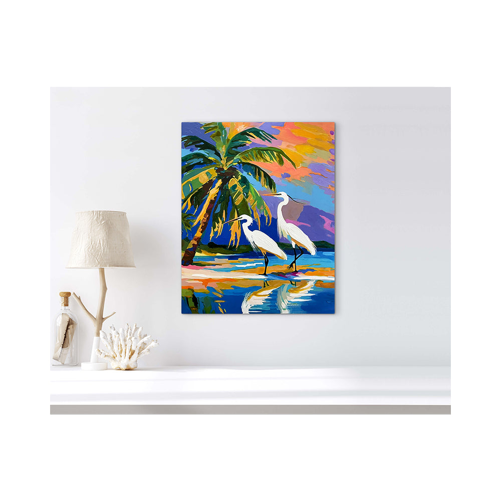 Impression sur toile Giclée - AIGRETTE - Reproduction sur toile montée sur châssis - Aigrette et palmiers 042024