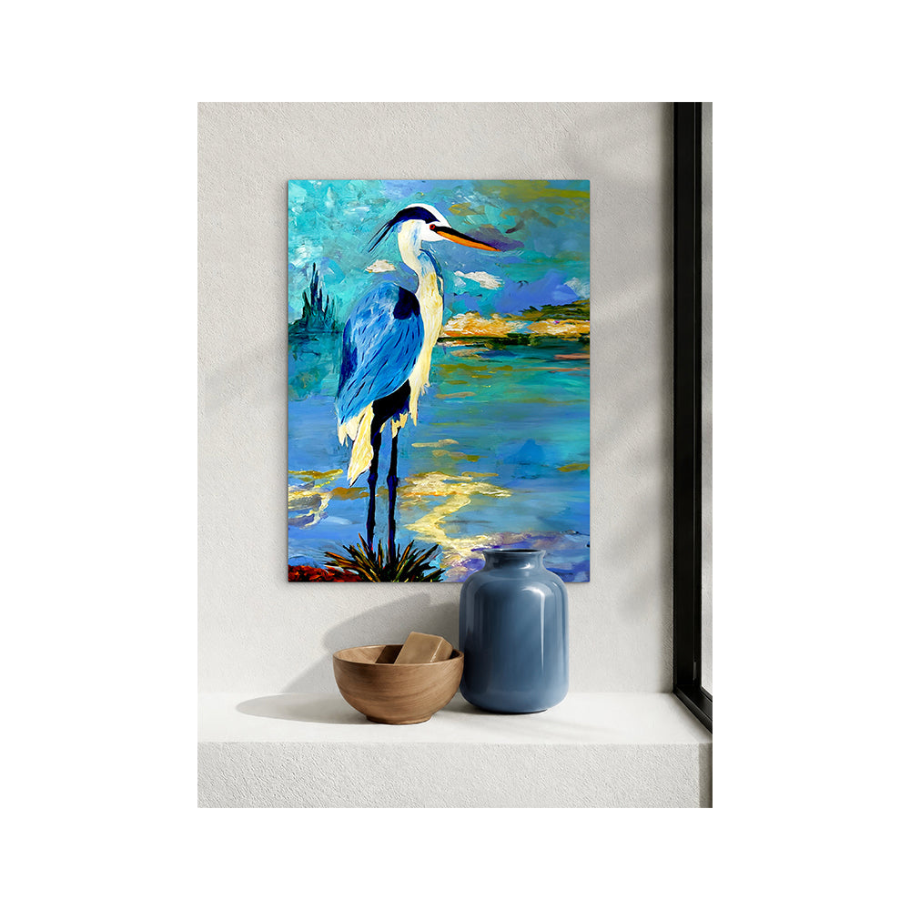 Impression sur toile giclée - HÉRON BLEU - Reproduction sur toile montée sur châssis représentant la pose réfléchie du héron bleu