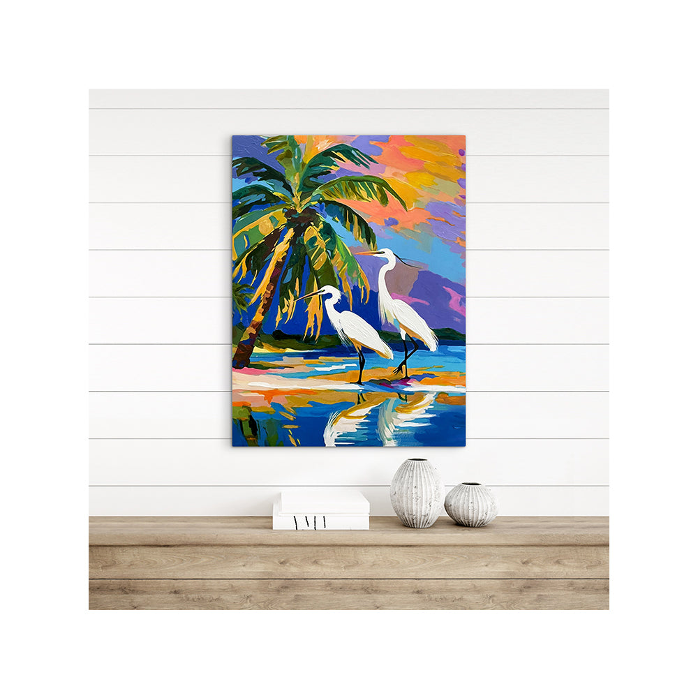 Impression sur toile Giclée - AIGRETTE - Reproduction sur toile montée sur châssis - Aigrette et palmiers 042024