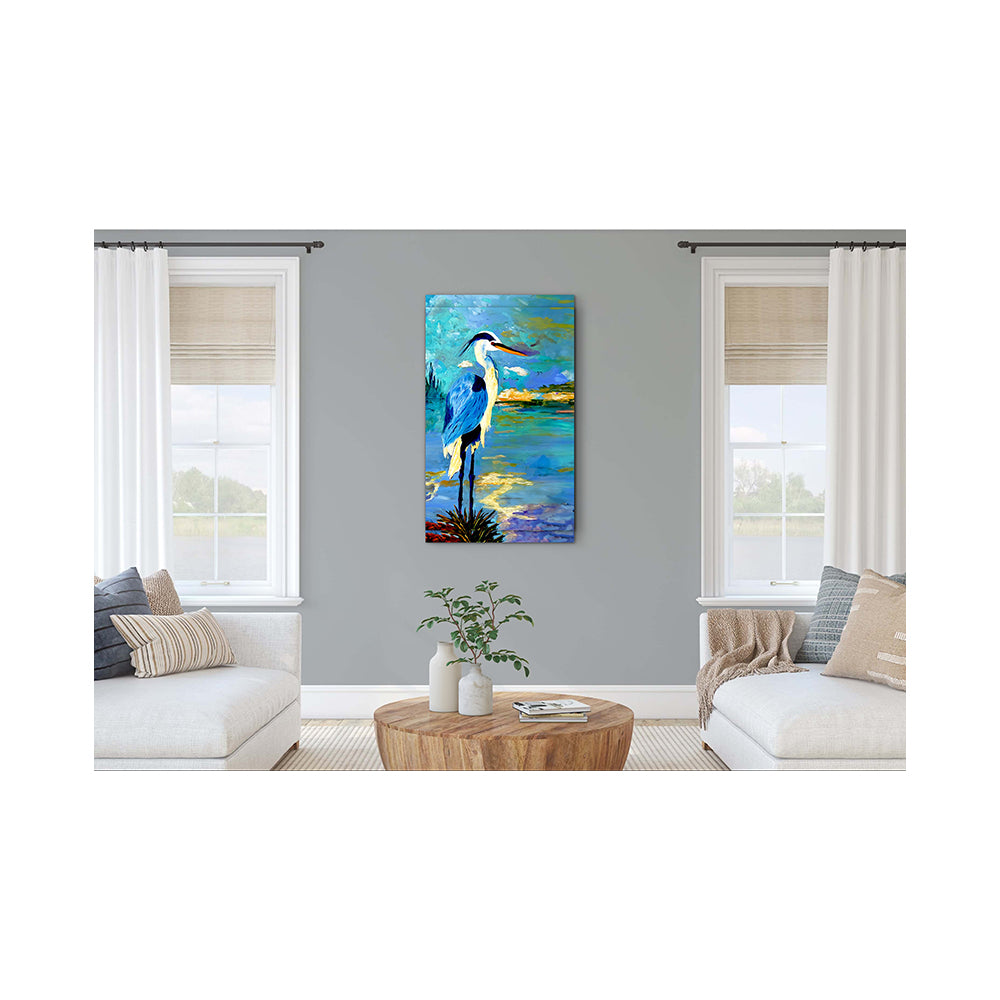 Impression sur toile giclée - HÉRON BLEU - Reproduction sur toile montée sur châssis représentant la pose réfléchie du héron bleu
