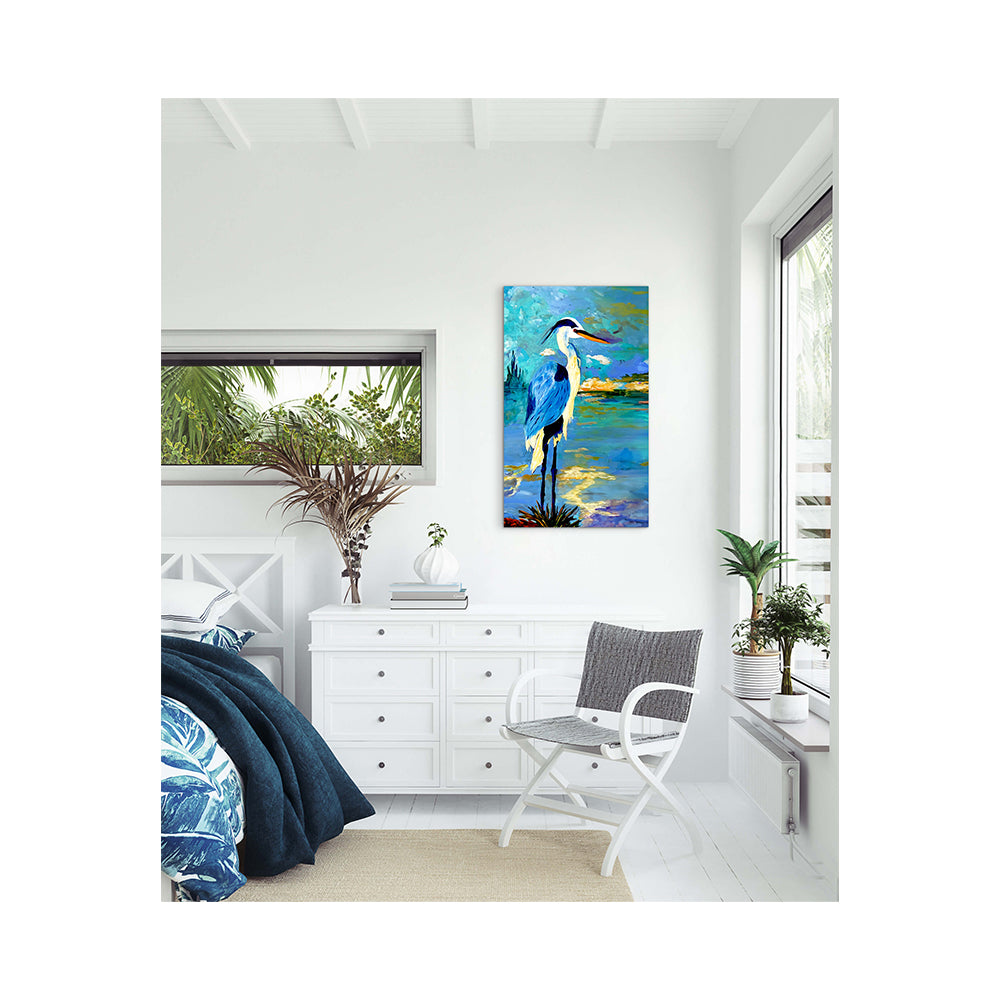 Impression sur toile giclée - HÉRON BLEU - Reproduction sur toile montée sur châssis représentant la pose réfléchie du héron bleu