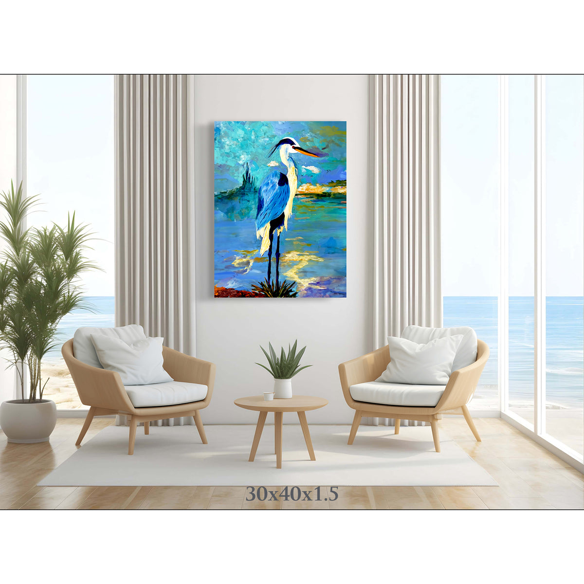 Impression sur toile giclée - HÉRON BLEU - Reproduction sur toile montée sur châssis représentant la pose réfléchie du héron bleu
