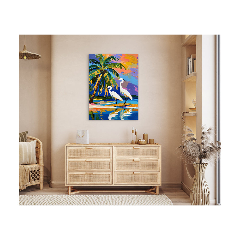 Impression sur toile Giclée - AIGRETTE - Reproduction sur toile montée sur châssis - Aigrette et palmiers 042024