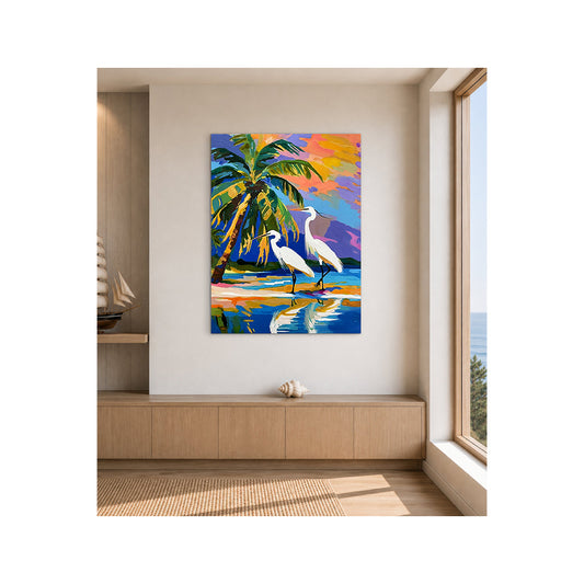 Giclee Canvas Print - EGRET - Egret and Palm Trees 042024 Gallery Wrapped Canvas Reproduction
