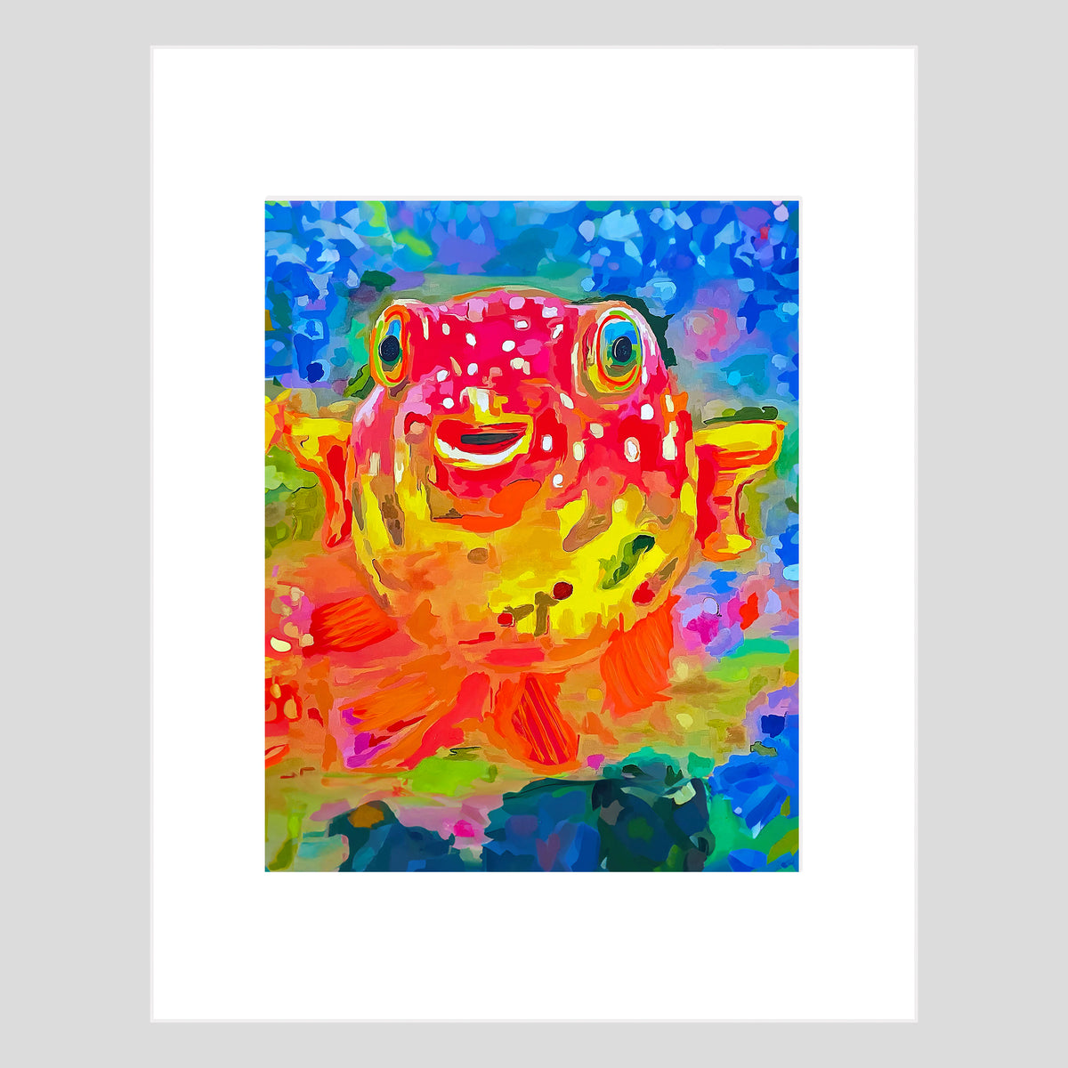 Tirage d'art - POISSON - Happy Pufferfish No. 1, reproduction d'art avec passe-partout 11x14