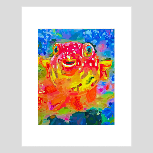 Tirage d'art - POISSON - Happy Pufferfish No. 1, reproduction d'art avec passe-partout 11x14