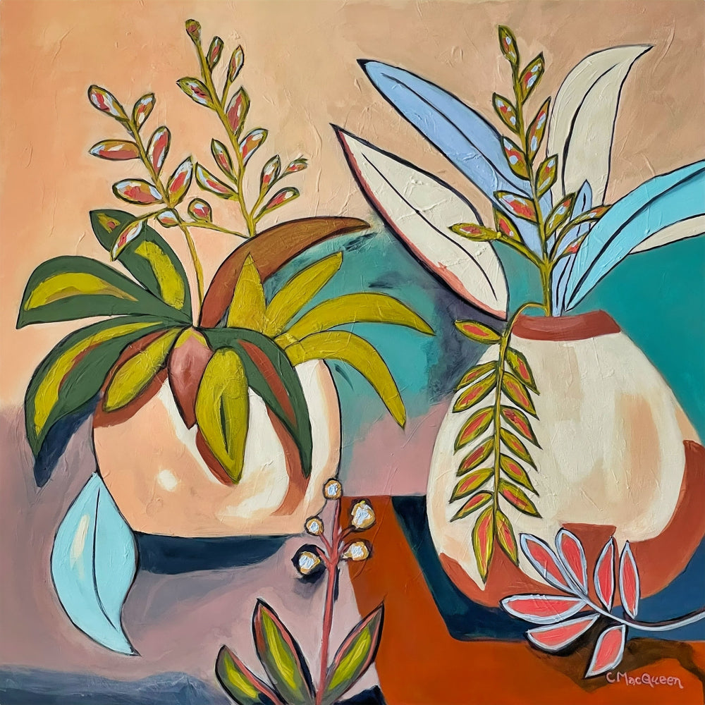 An abstract still life painting of potted plants in warm earth tones, featuring green, yellow, blue, and pink botanical forms in ceramic pots against a peach and teal background.