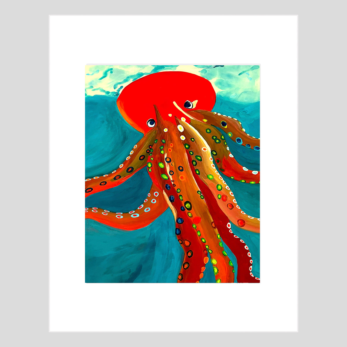 Tirage d'art - PIEUVRE - Marées sarcelle et tentacules, reproduction d'art avec passe-partout 11x14 po