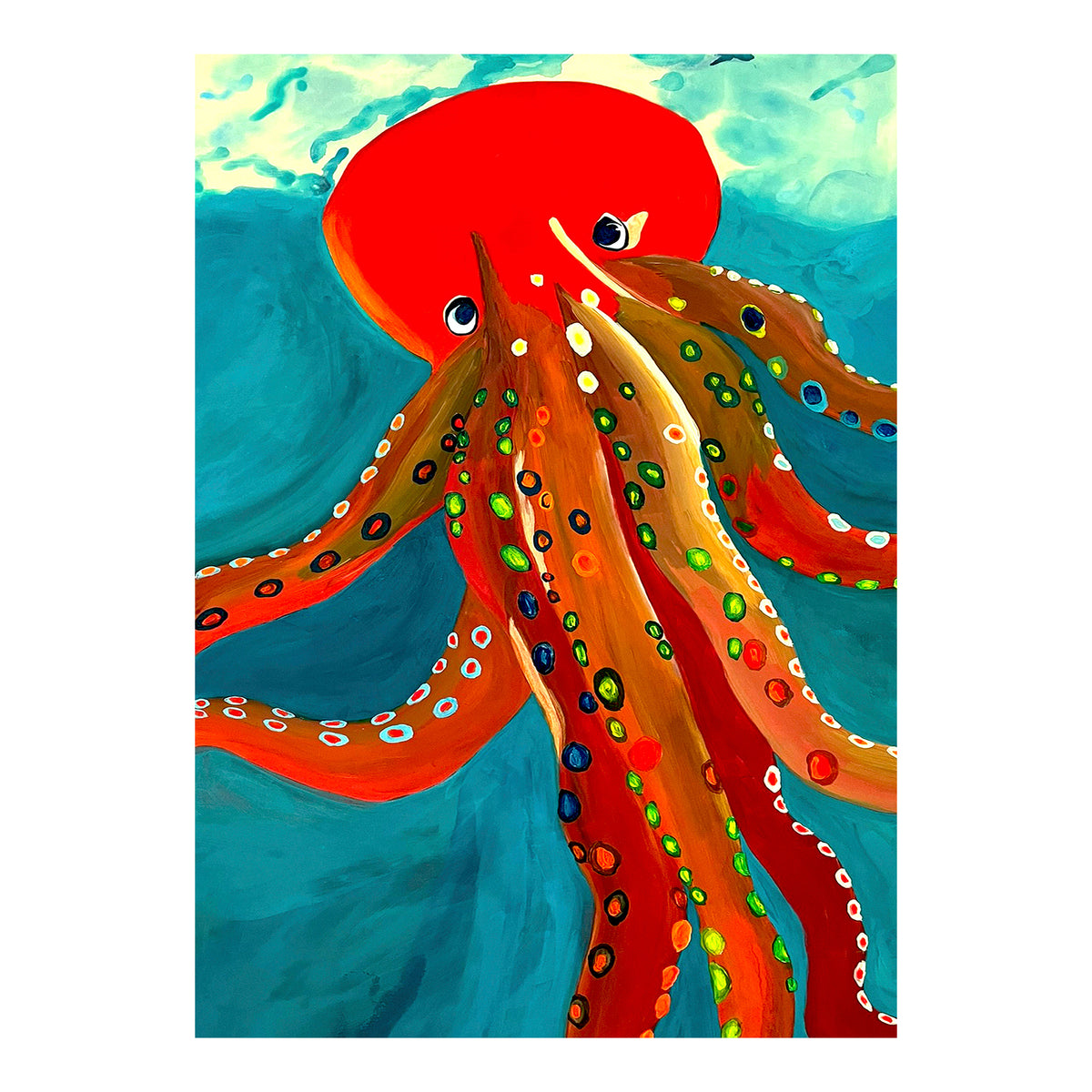 Carte de vœux - PIEUVRE - Marées turquoise et tentacules, carte de vœux 5x7 sur papier glacé avec enveloppe