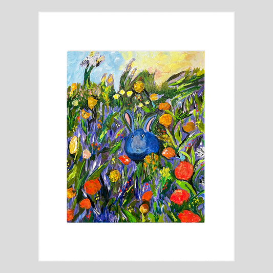 Tirage d'art - ANIMAUX DE LA FERME - LAPINS - Reproduction d'art encadrée 11x14 : Le pré de fleurs sauvages du lapin bleu