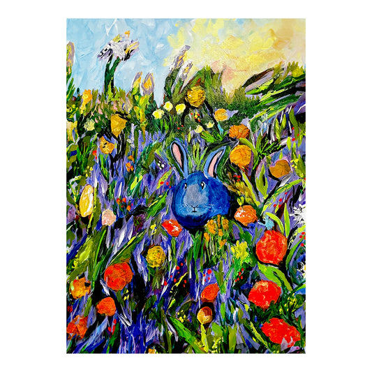 Greeting Card - FARM ANIMALS - RABBITS - Blue Rabbit's Wildflower Meadow 5x7 Glossy Paper Greeting Card with envelope