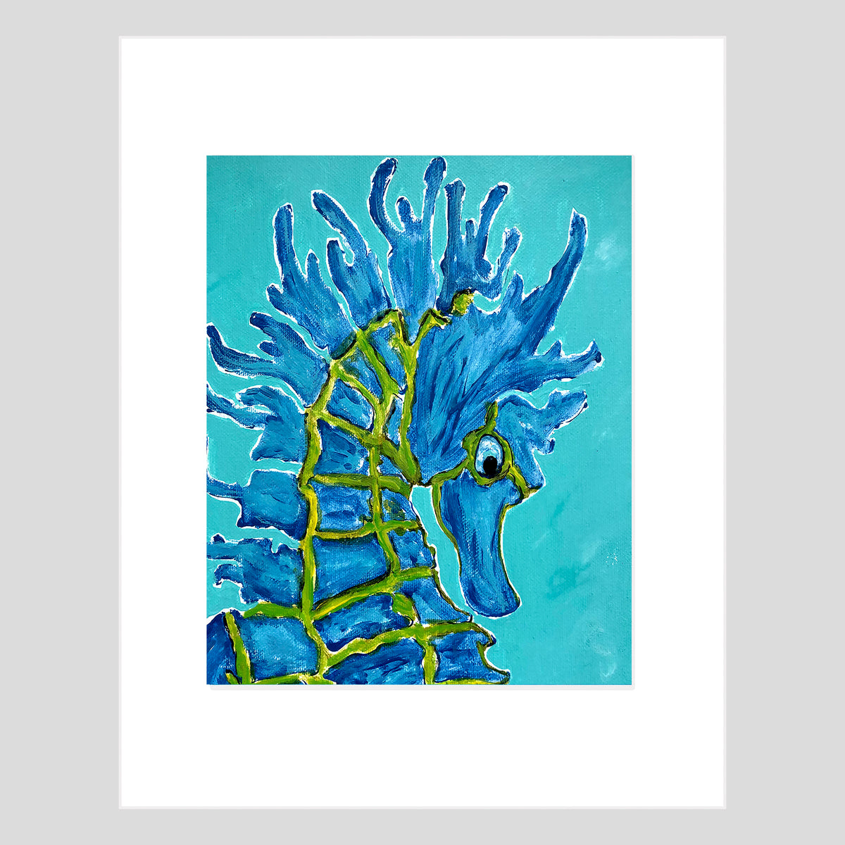 Impression d'art - HIPPOCAMPE - Reproduction d'art sur papier mat 11x14 d'un hippocampe turquoise et vert citron