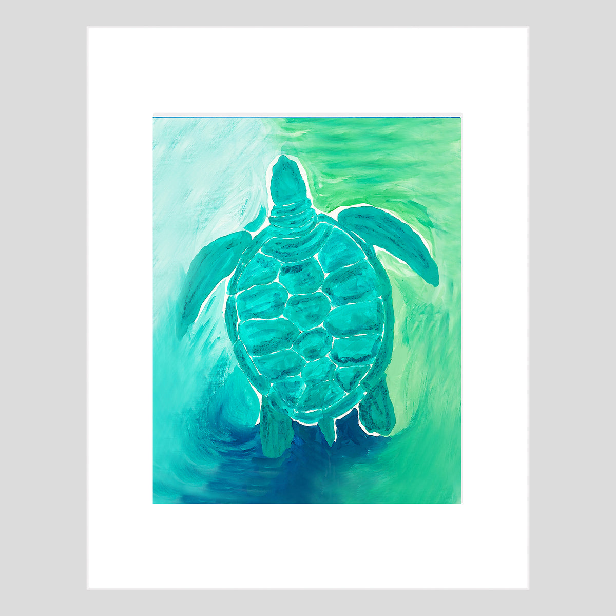 Tirage d'art - TORTUE DE MER - Reproduction d'art de tortue de mer bleu-vert, montée sous passe-partout, 11x14 po