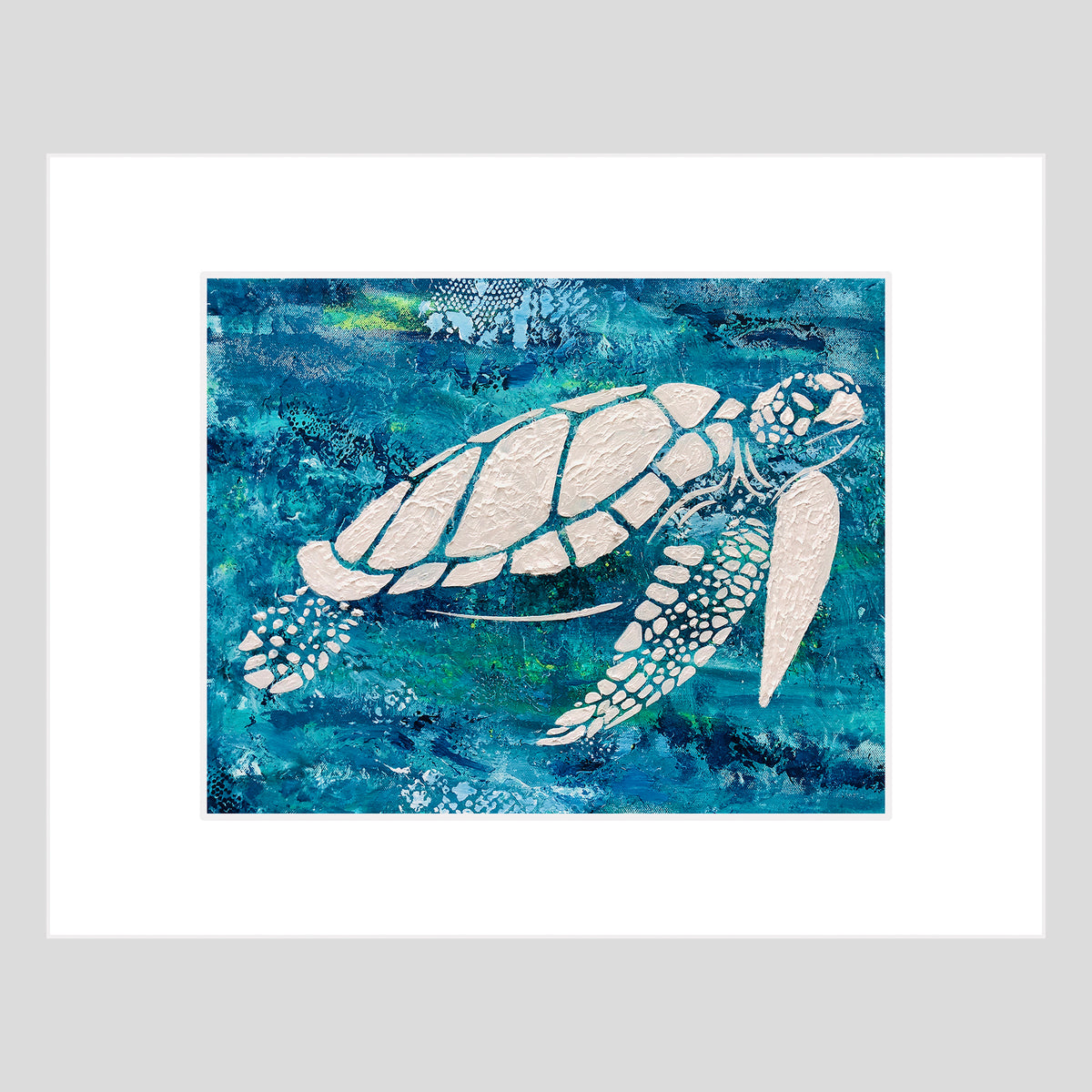 Tirage d'art - TORTUE DE MER - Reproduction d'art encadrée 11x14 de tortue de mer mosaïque blanche