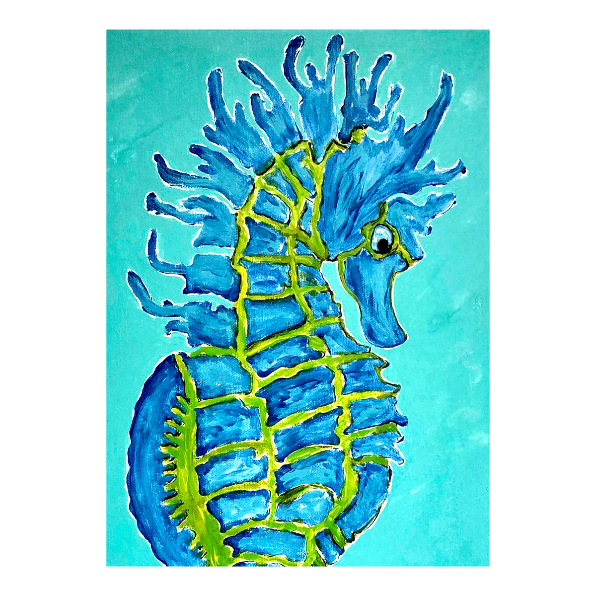 Carte de vœux - HYPOCAMPE - Carte de vœux 5x7 sur papier glacé avec enveloppe, motif hippocampe turquoise et vert lime